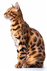 A stunning Bengal cat with a beautiful coat of orange and black spots, sitting gracefully against a white background.