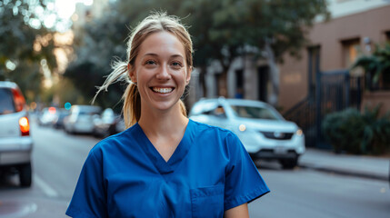 Cheerful young nurse in scrubs smiling on a city street, capturing a moment of joy in her busy day