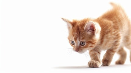 Fototapeta premium Adorable ginger kitten walking on a white background, showcasing curiosity and playfulness, perfect for pet-related themes and marketing.