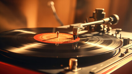 A vinyl record playing on a turntable at sunset, capturing a nostalgic and warm ambiance perfect for music lovers.

