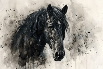 Artistic black and white watercolor painting of a beautiful black horse with a white blaze on a textured background