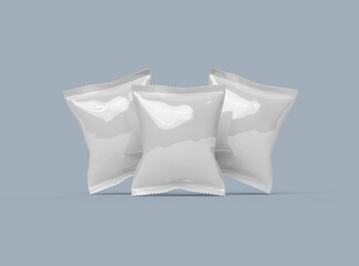 3D render of a glossy generic, sealed snack packaging bag with crimped edges on a light background