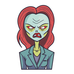 Zombie businesswoman red hair green skin, wearing teal suit, appears angry, isolated white background. Cartoon undead female, professional attire, undead office worker. Illustration spooky character
