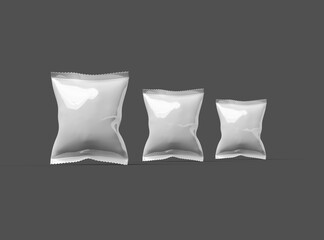 3D render of a glossy generic, sealed snack packaging bag with crimped edges on a dark background