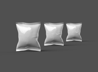 3D render of a glossy generic, sealed snack packaging bag with crimped edges on a dark background