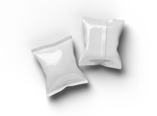 3D render of a glossy generic, sealed snack packaging bag with crimped edges on a transparent background