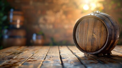 Rustic wooden barrel on vintage table, warm lighting creates a nostalgic ambiance. Perfect for themes of tradition, aging, and craftsmanship.