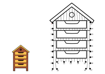 Connect the dots and draw a bee hive. Dot to dot game for kids. Funny puzzle activity page. Vector illustration