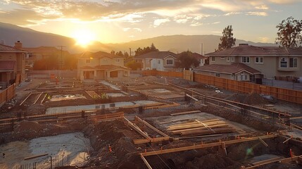 Suburban Housing Development at Sunset Construction in Progress