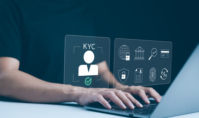 Know Your Customer (KYC) Concept. A person works on a laptop, displaying digital icons representing Know Your Customer (KYC) processes, including security, identification, and financial compliance.