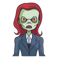 Zombie woman serious face dressed business suit cartoon. Red hair, green skin, glowing eyes shocking angry expression. Tap comic book style vector illustration isolated white background. Zombie