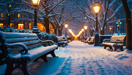 Beautiful winter alley in the park, trees, benches