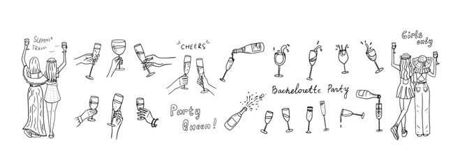 Set of hands with champagne glasses, wine glasses, champagne bottles and glasses. Cheers. Alcoholic drinks. Great for bar menu, holiday, wedding, celebration. Girlfriends. Bachelorette party. Doodle