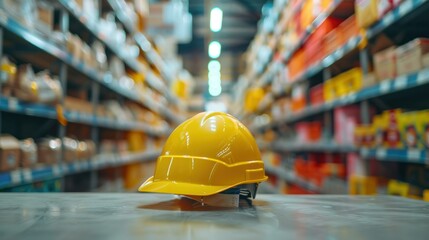 National safety month at work, Labour day with safety yellow hat with blur store inventory background