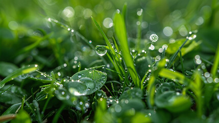 A macro closeup photo of green grass with natural sun light and water drops in a rainy day 