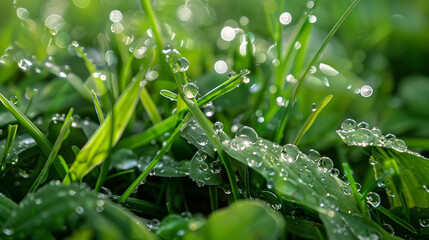 A macro closeup photo of green grass with natural sun light and water drops in a rainy day 