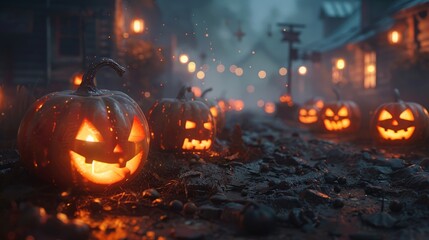 Fototapeta premium Spooky Halloween Night: Glowing Jack-O'-Lanterns Illuminate a Foggy Path