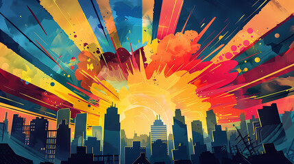 a vibrant and colorful illustration inspired by comic book art. It features an explosion of bright colors radiating from a central point