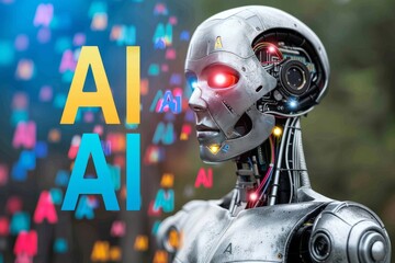 Fototapeta premium AI Developer Working on Laptop with Digital Interface and Holographic Data in Modern Office