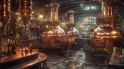 Obraz premium Rustic Brewery with Copper Still in Vintage Pub with Festive Decor, Warm Lighting, and Wooden Barrels