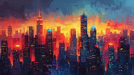 Obraz premium Vibrant Digital Cityscape: Colorful Urban Skyline at Sunset in Abstract Style