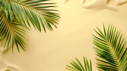 Obraz premium Frame of palm tree branches on sandy light yellow background, banner, empty space for text. Generated AI