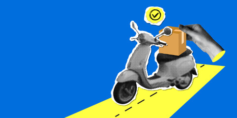 Delivery banner with scooter, box and human hand. Modern collage. Halftone design elements cut from newspaper. Delivery trunk on back side of scooter. Fast shipping concept. Box delivery by moped