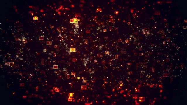 Network Tech Space. Flying Gadget Icons and Particles. Dark Red Background. Looped video.