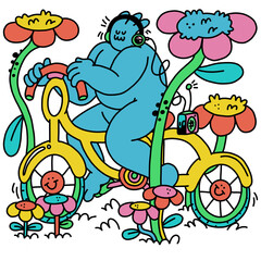 Enchanting Adventure: Blue Monster Cycling in a Floral Meadow