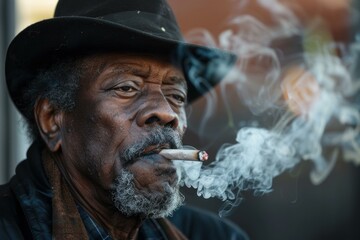 Senior african american man with hat smoking a cigar and making smoke