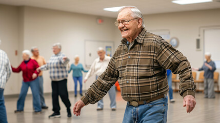 Elderly man with a radiant smile enjoys dancing in a community hall filled with dancing couples