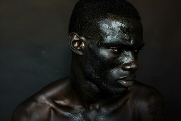 Muscular african man with black paint smeared on his face is posing in a studio setting, looking off to the side