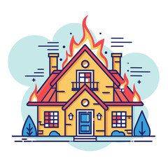 Brightly colored vector illustration house fire, flames engulfing roof windows. Vibrant emergency scenario where residential building ablaze, no people, isolated white background. Fire disaster