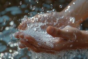 Fototapeta premium Close-Up of Hands Being Washed with Soap Bubbles Under Running Water Emphasizing Cleanliness and Hygiene