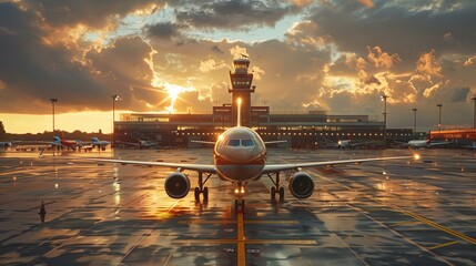 Red Airplane Taxiing On Wet Runway At Sunset