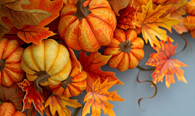 Autumn paper pumpkins and leaves background. Good for thanksgiving, harvest, autumn concept.