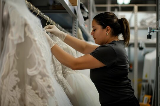 Dry Cleaner Meticulously Handling Wedding Gown for Perfect Preservation and Cleaning