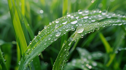 A macro closeup photo of green grass with natural sun light and water drops in a rainy day 