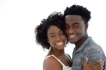 Happy African American Couple isolated on a white Background Smiling Embracing Love Joyful Cheerful Portrait Studio Photography Relationship Togetherness