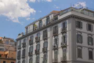 building facade in italy blue, grey and white, Italian buildings