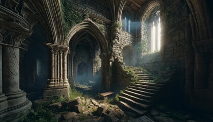 Naklejka premium Mystical ruins of an ancient church illuminated by ethereal light.