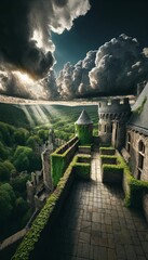 Enchanting castle under dramatic skies at dusk.