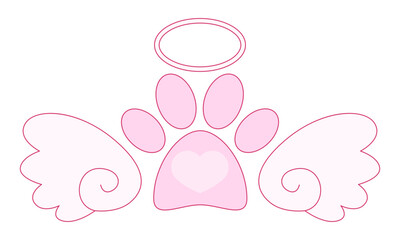 Pet Dog Memorial cute pink design. Footprint of pet's paw with heart, angel wings, halo, bone tag frame. Vector illustration