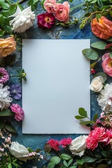 A Blank canvas surrounded by flowers and craft materials in a creative flat lay