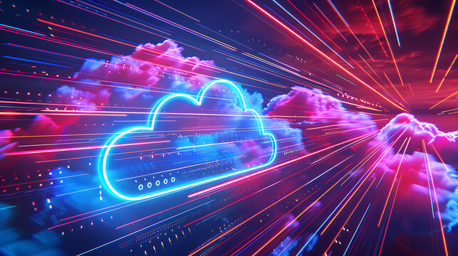 a stylized representation of cloud computing technology. Neon lines and digital elements converge into a central cloud icon