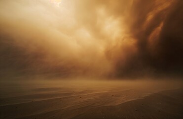 Fototapeta premium Massive sandstorm sweeping across a desert landscape. Extreme weather and natural disaster concept. Banner with copy space.