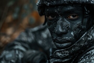 Obraz premium Soldier with black camouflage paint on his face is getting ready for action
