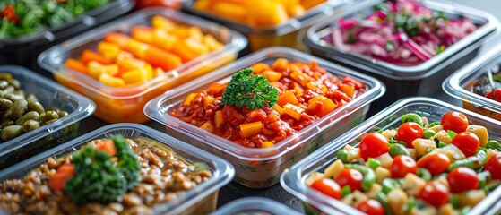 Assorted takeout food containers, colorful and appetizing