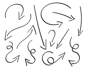 Set of arrows. Hand drawn elements collections.Simple vector logos. Direction indicators, pointers and scroll elements.Collection of various arrows.Isolated on white background.Vector illustration