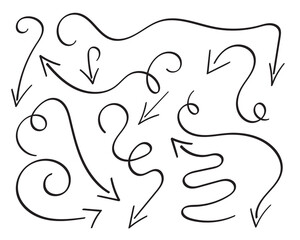 Set of arrows. Hand drawn elements collections.Simple vector logos. Direction indicators, pointers and scroll elements.Collection of various arrows.Isolated on white background.Vector illustration